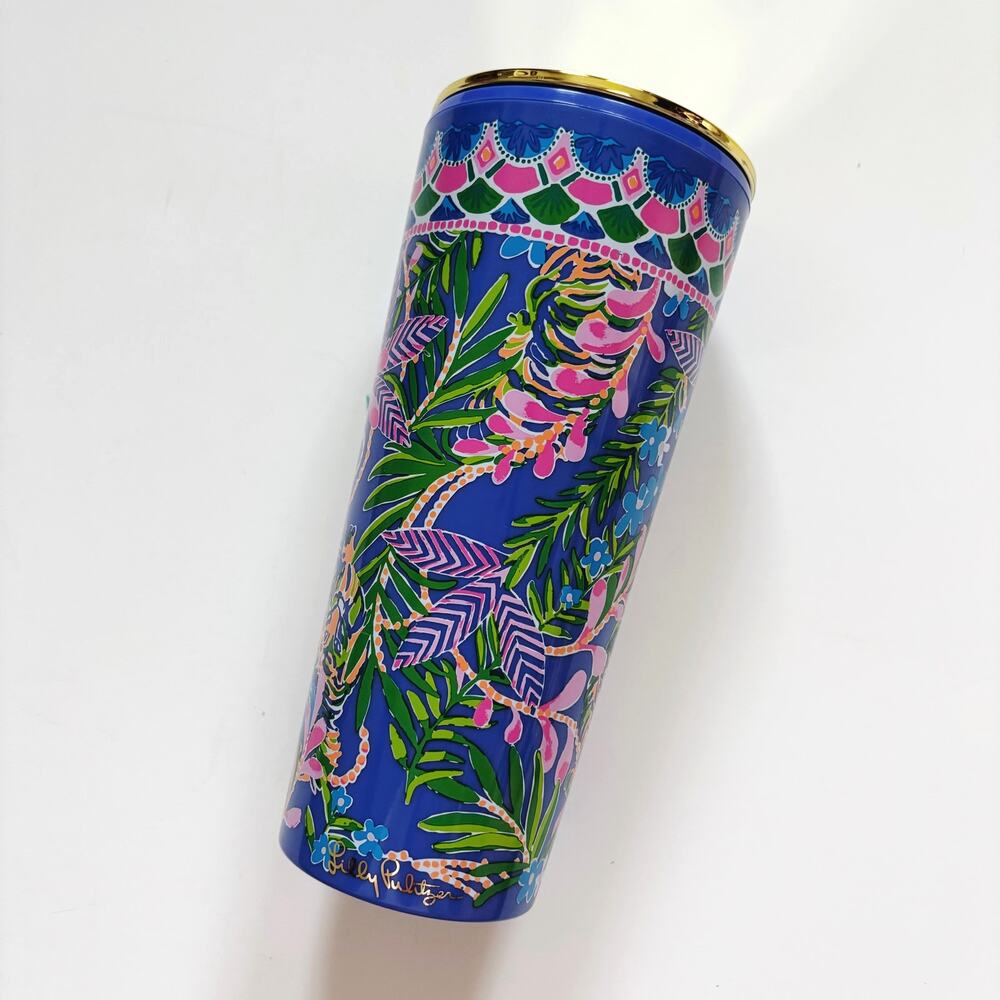 Lilly Pulitzer Blue Gold Tiger Jungle Reusable Tumbler